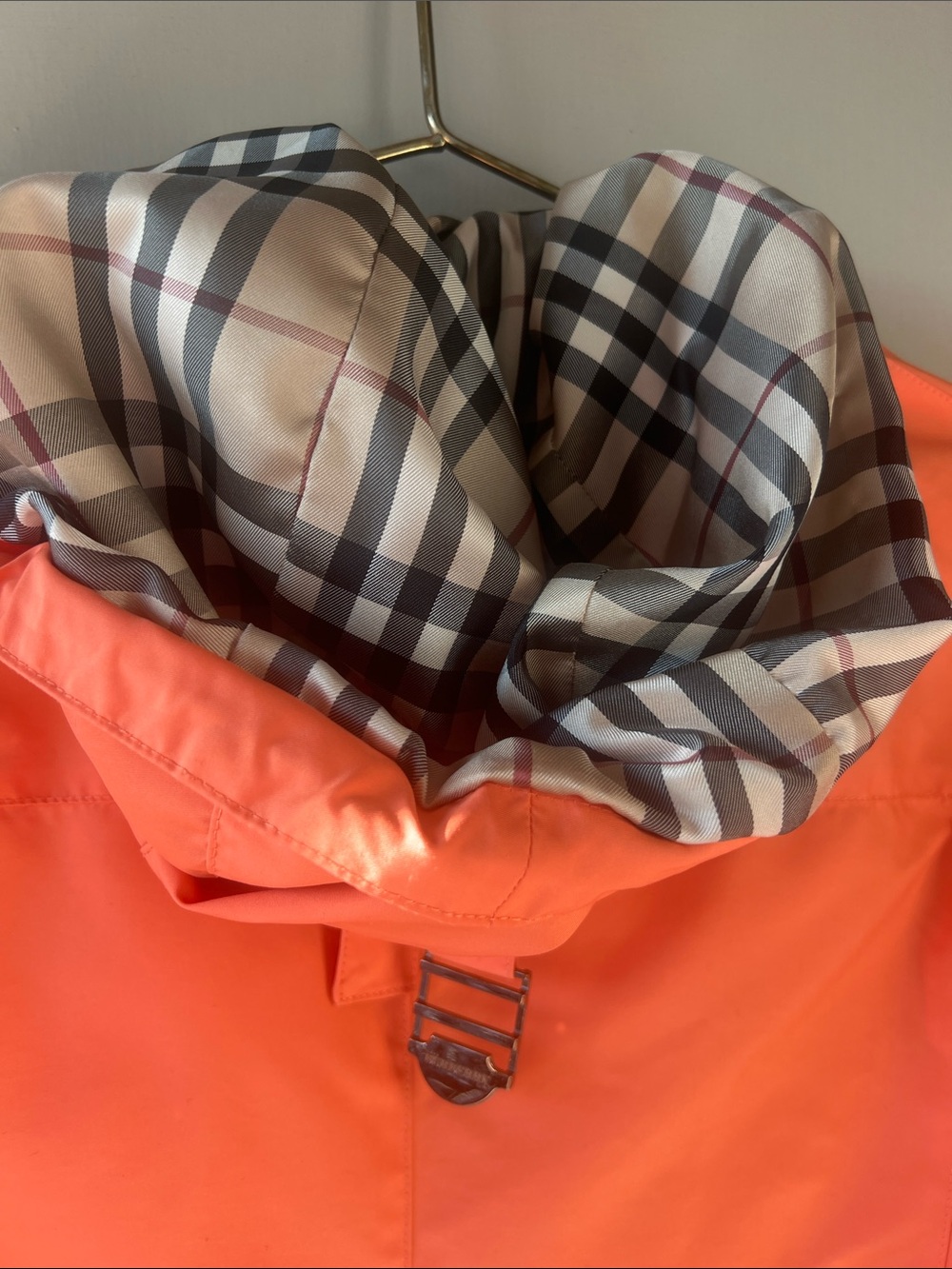 Burberry Bright Orange Hooded Raincoat with Check Lining - Picture 9 of 13